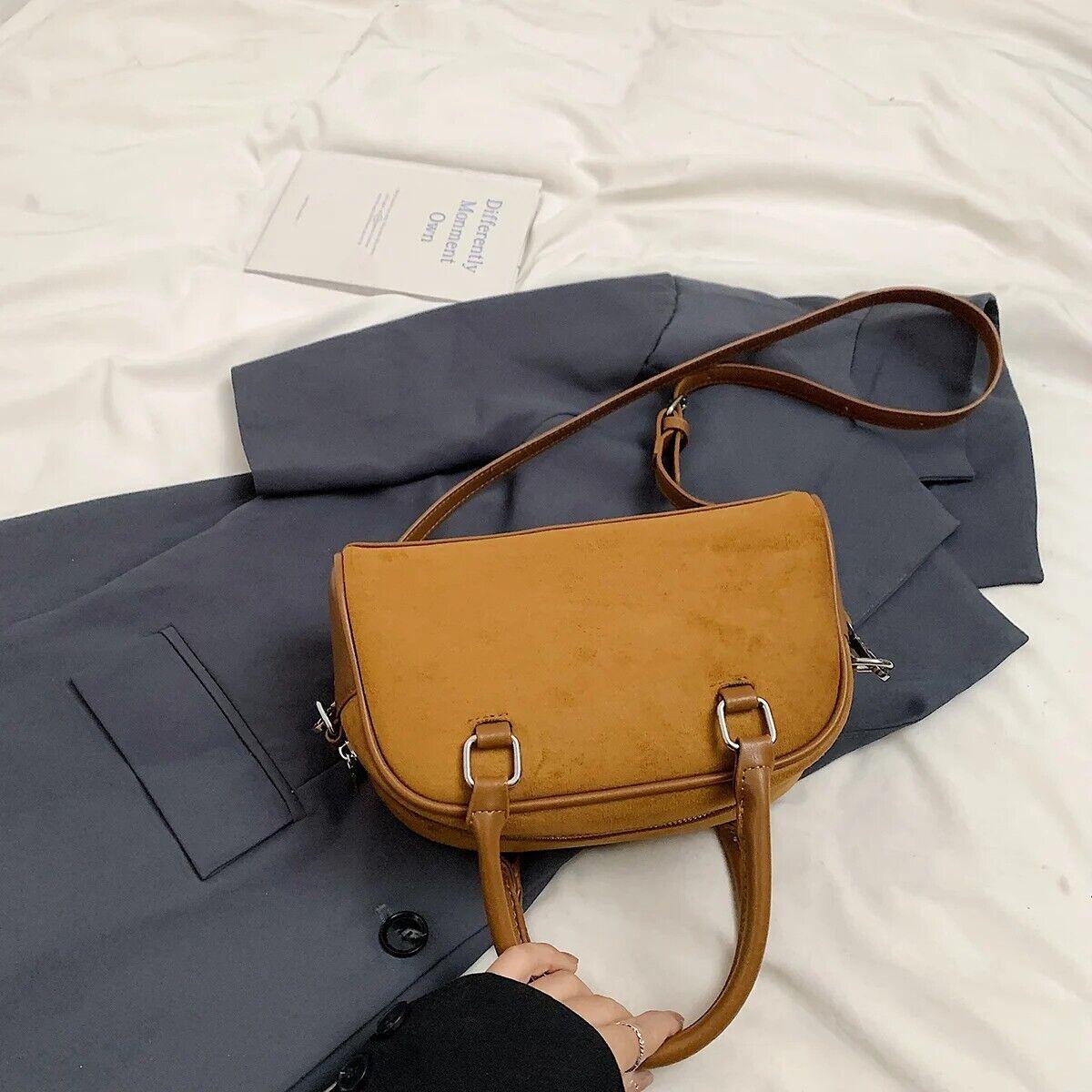 Small Tote Handbags Nubuck Leather Retro Outer Flap Pockets Zipper Crossbody Bag