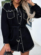 Studded Black Denim Shacket Snap Down Long Sleeve Belted Outwear 57_adedcb2a-18b5-4f0e-9456-9ede9fad3ba5 STYLEINGER