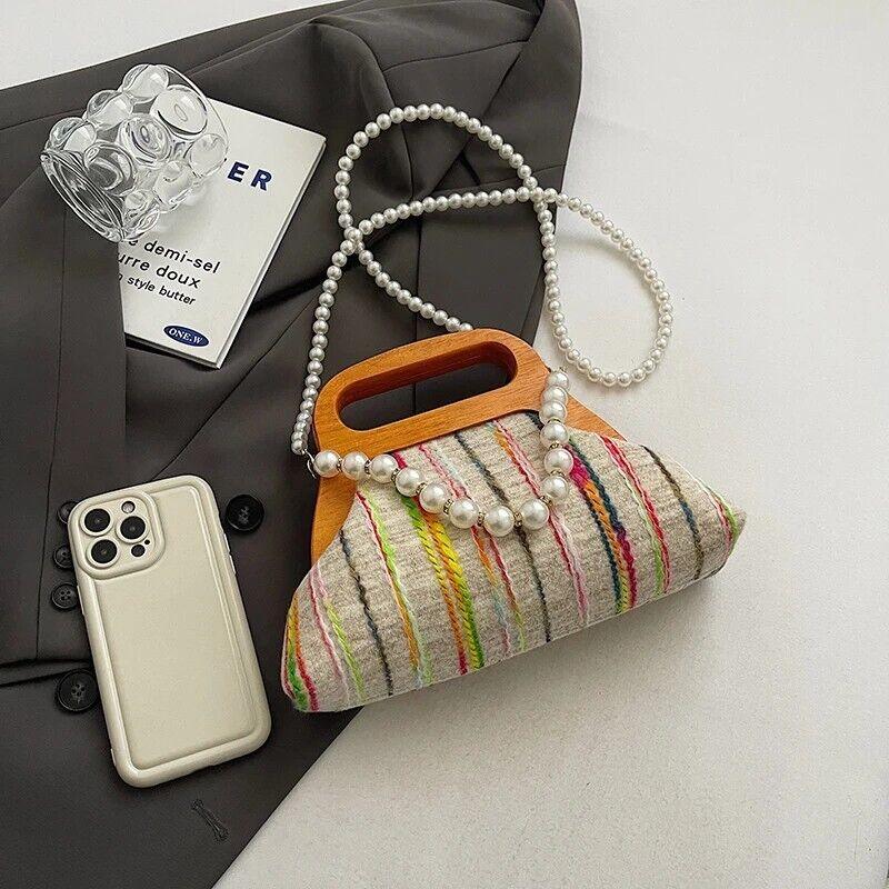 Small Clutches Colorful Striped Wooden Pearl Strap Women's Soft Crossbody Bags