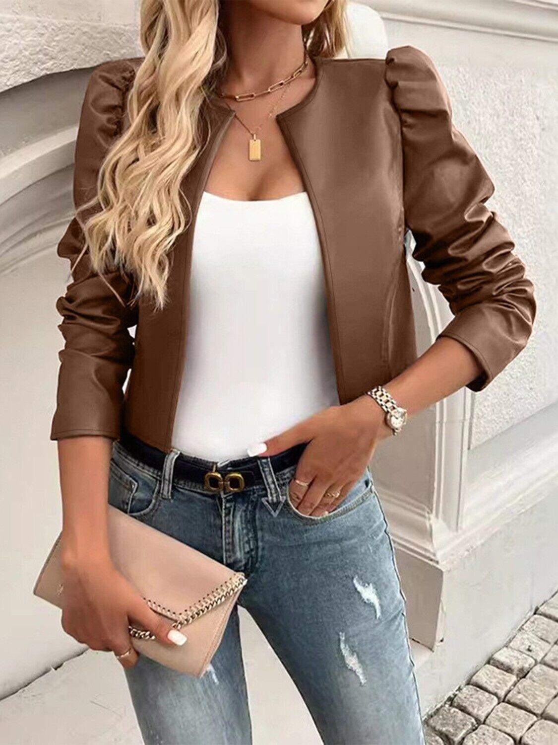 Faux Leather Cropped Jacket Open Front Puff Long Sleeve Women's Outwear Caramel 57_b2106e16-f788-4965-b623-169d3ee0db1f STYLEINGER