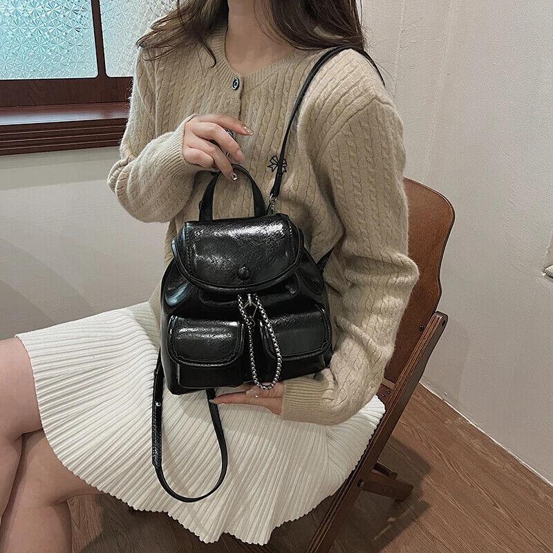 Small Backpacks Chain Drawstring Flap Leather Women's Outer Flap Pockets Bags