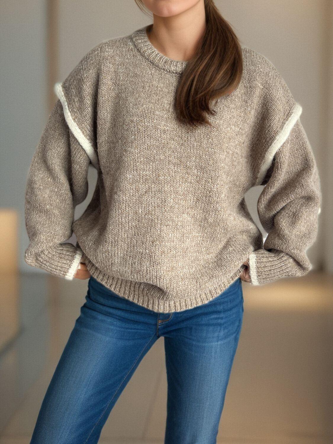Women Contrast Trim Sweater Round Neck Dropped Shoulder Long Sleeve Pullover 57_b4816fa9-aa16-4247-b7e5-780eaf874bed STYLEINGER