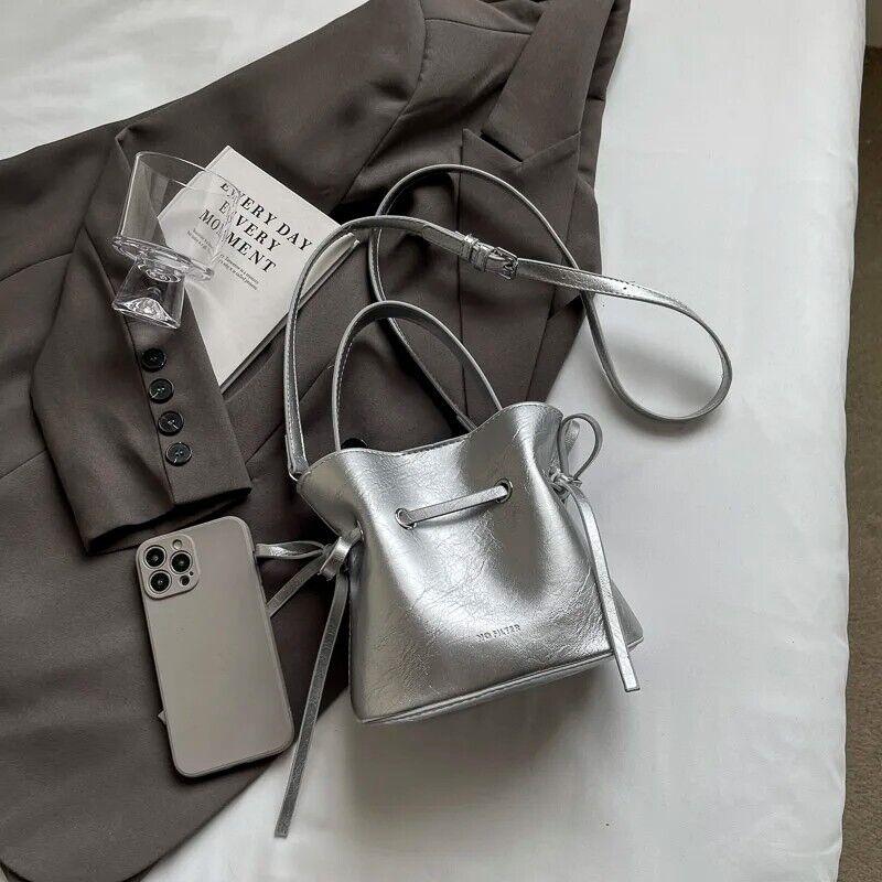 Mini Leather Bucket Bags Soft 2 in 1 Removable Pouch Drawstring Snap Crossbody