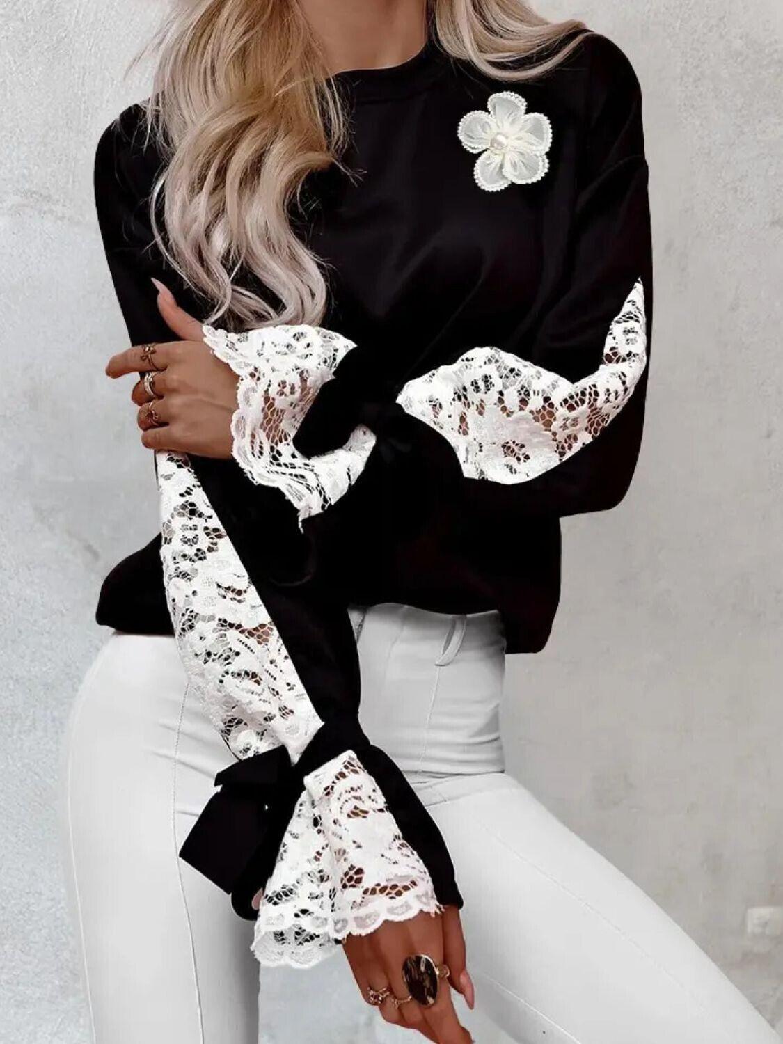 Black Sweatshirt Lace Floral Detail Tied Cuff Long Sleeve Women Fashionable Top