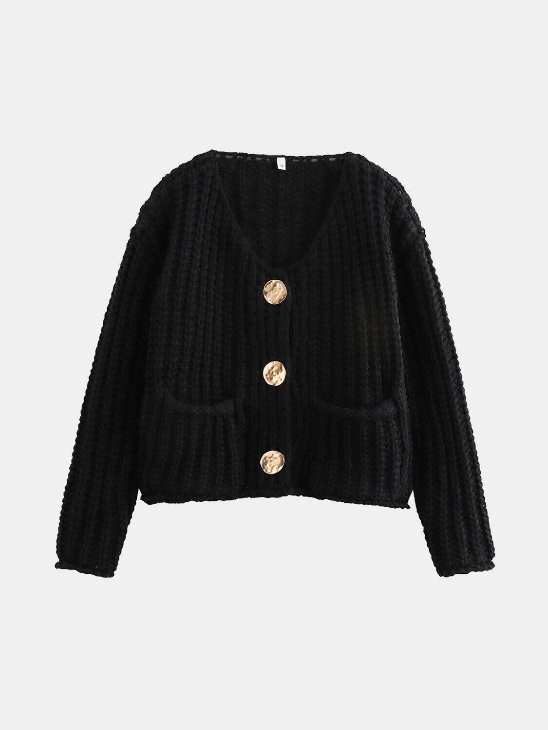 Buttoned Cardigan Women Front Pockets Single Breasted Knit Acrylic Sweater