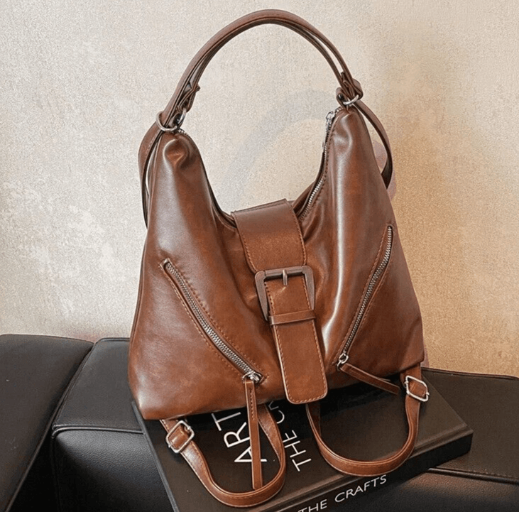 Medium Shoulder Bags Belt Buckle Style Outer Zipper Pockets Leather Backpacks