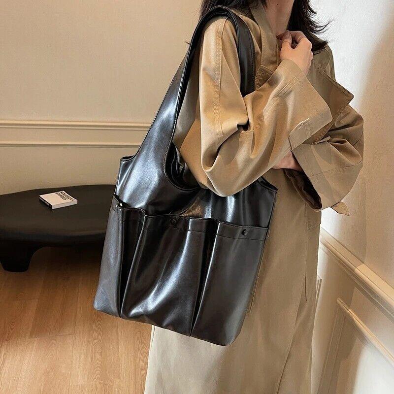 Large Leather Shoulder Bags 3 Outer Pleated Pockets Style Zipper Women Handbags