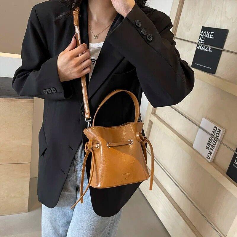 Mini Leather Bucket Bags Soft 2 in 1 Removable Pouch Drawstring Snap Crossbody