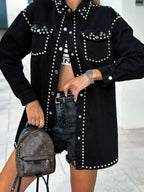 Studded Black Denim Shacket Snap Down Long Sleeve Belted Outwear 57_be16fbc5-ad97-43e8-a534-14d0c0deb355 STYLEINGER