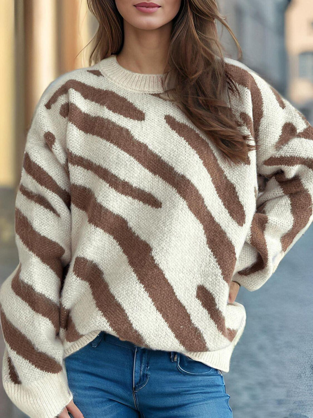Women Knit Sweater Zebra Contrast Pattern Round Neck Long Sleeve Pullover 57_bebc0d2a-4344-4488-b07b-1544aad8ebdc STYLEINGER