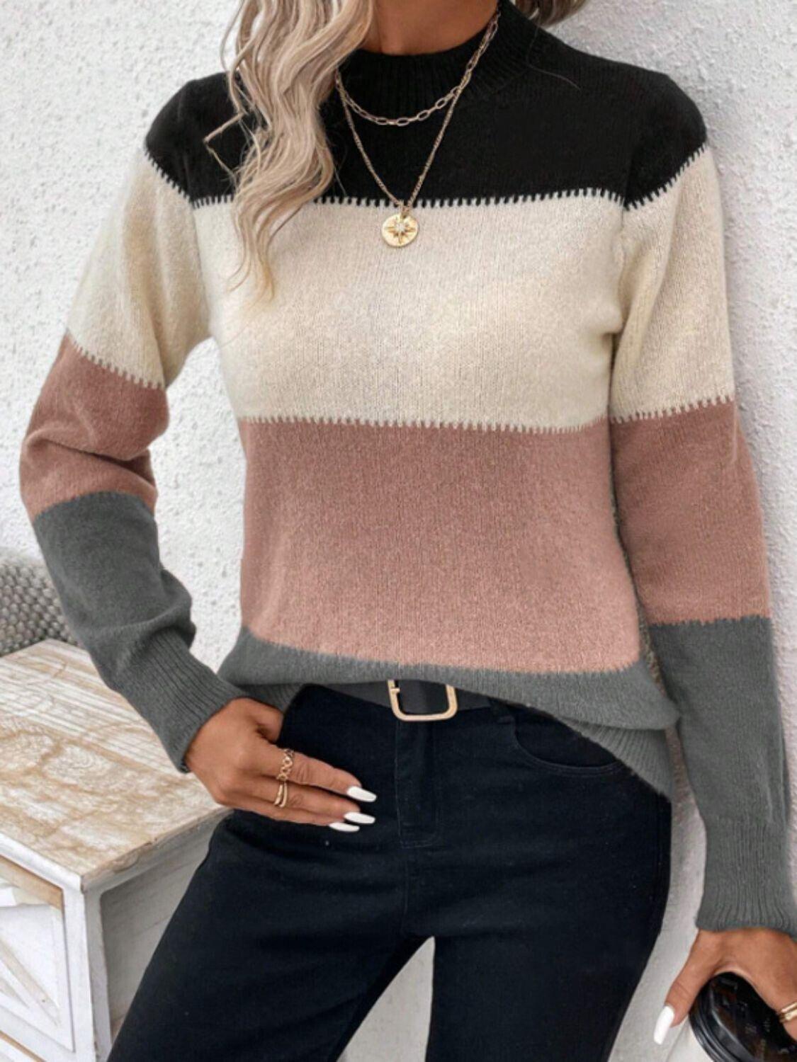 Striped Women Sweater Color Block Mock Neck Long Sleeve Soft Acrylic Pullover Dusty Pink 57_bff8ebf9-12f8-4746-97ad-a11d81615ca3 STYLEINGER