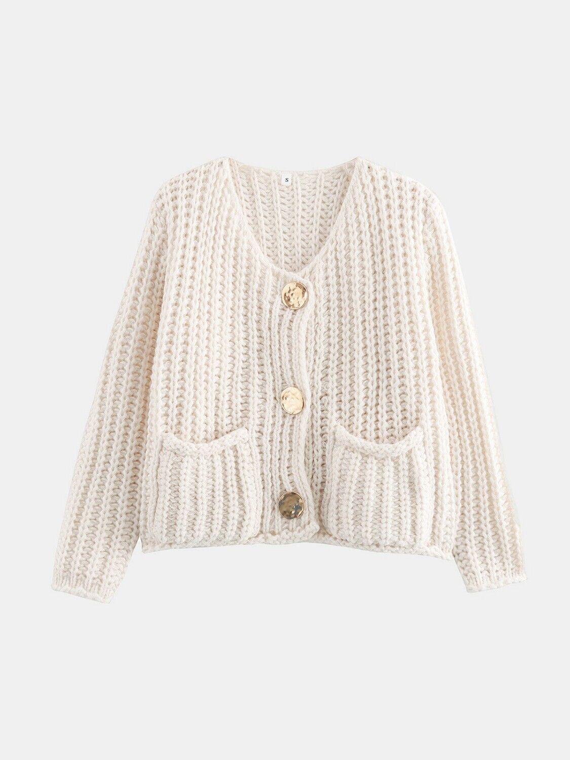 Buttoned Cardigan Women Front Pockets Single Breasted Knit Acrylic Sweater