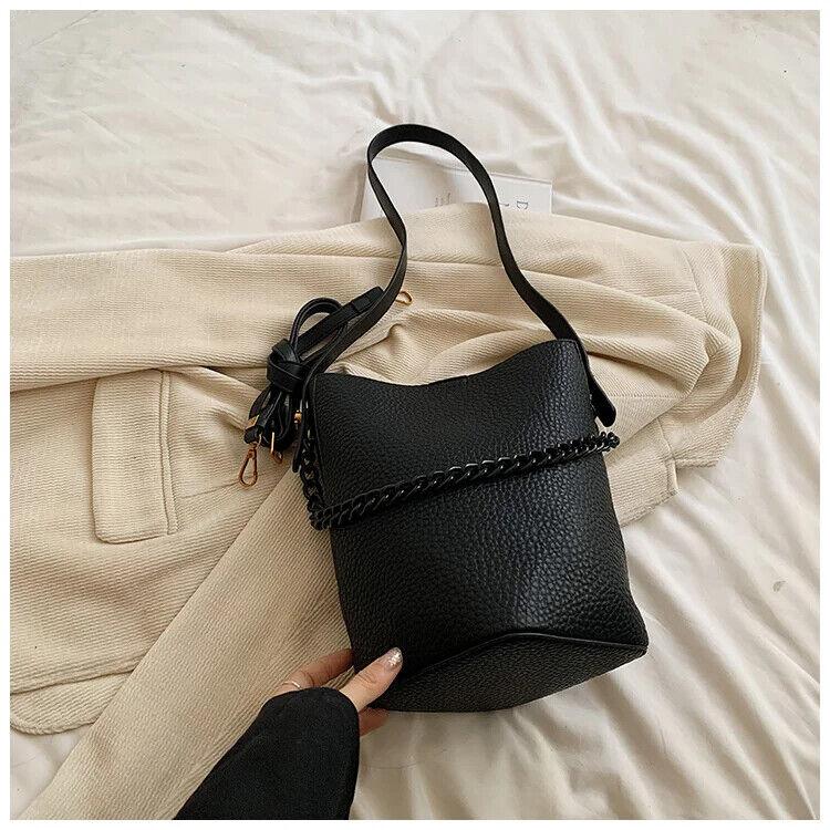 Leather Bucket Bags Small 2 in 1 Snap and Zipper Women's Chain Handle Purses