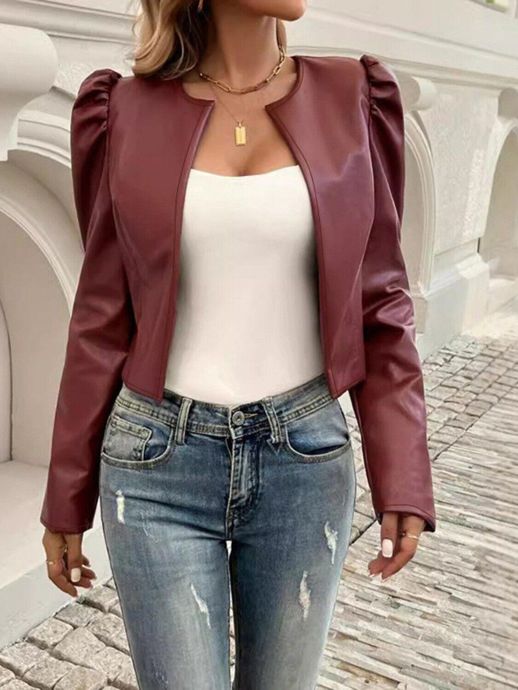 Faux Leather Cropped Jacket Open Front Puff Long Sleeve Women's Outwear 57_c2535c0d-0973-4883-aa6c-98471bbb9b9b STYLEINGER