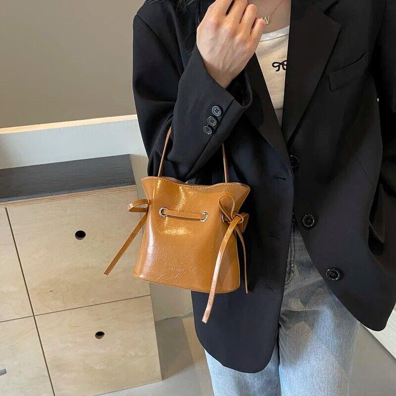 Mini Leather Bucket Bags Soft 2 in 1 Removable Pouch Drawstring Snap Crossbody