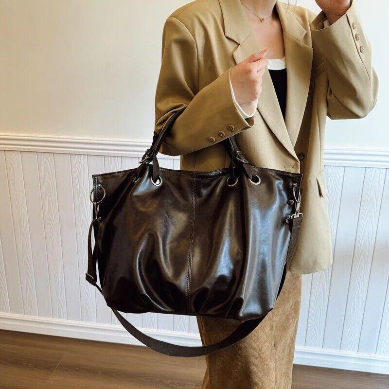 Leather Tote Bags Extra Large Women Zipper Double Handles Soft Pleated Handbag