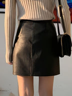 Leather Mini Skirt Black Front Slit A-Line Women's Fashionable Solid Short Skirt 57_c6e73fc8-41f4-450c-96c2-cca256efe524 STYLEINGER