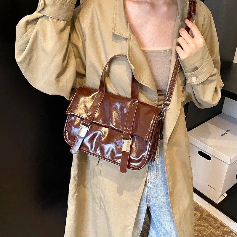 Medium Leather Satchel Bags Flap Push Lock Women's Flap Zipper Crossbody Bags