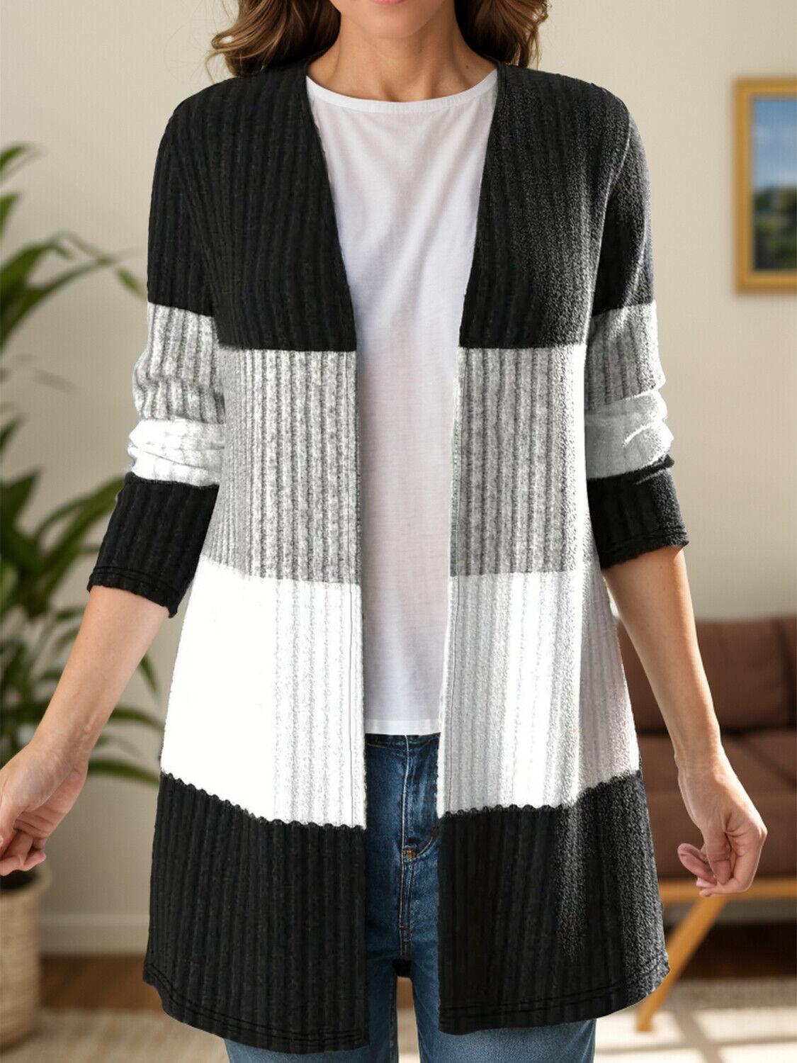 Striped Cardigan Color Block Open Front Long Sleeve Women's Knit Sweater