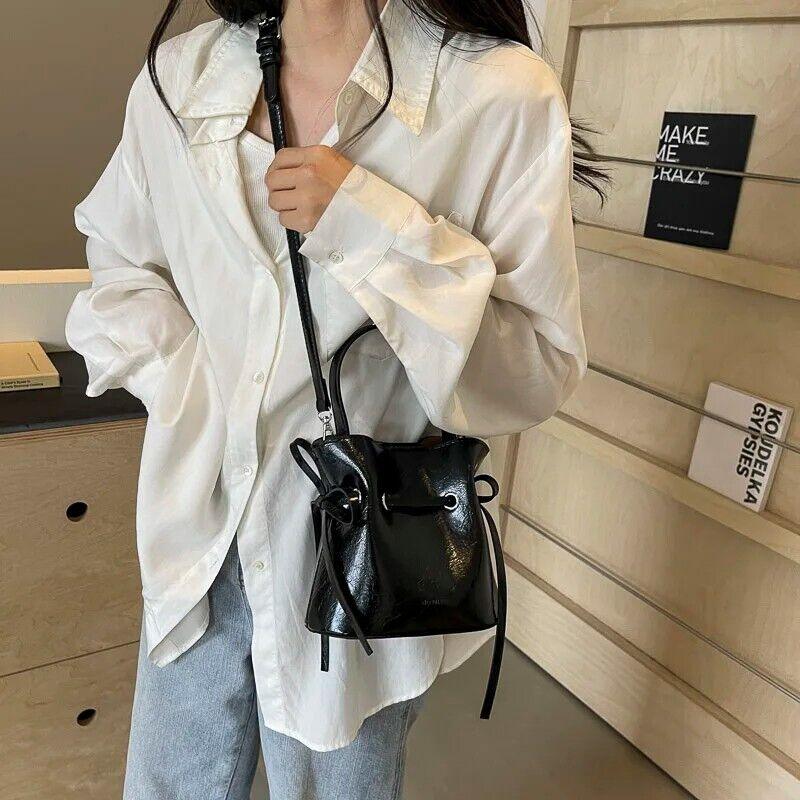 Mini Leather Bucket Bags Soft 2 in 1 Removable Pouch Drawstring Snap Crossbody