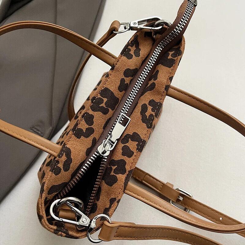 Leopard Mini Crossbody Handbags Soft Sued Leather Zipper Tote Women Square Purse