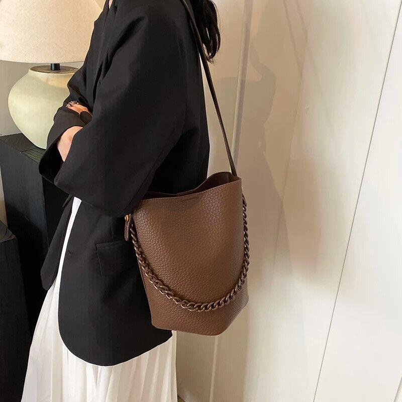 Leather Bucket Bags Small 2 in 1 Snap and Zipper Women's Chain Handle Purses