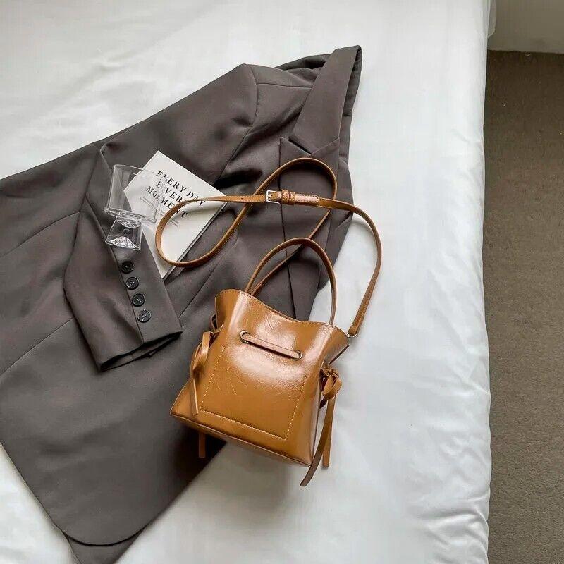 Mini Leather Bucket Bags Soft 2 in 1 Removable Pouch Drawstring Snap Crossbody Brown