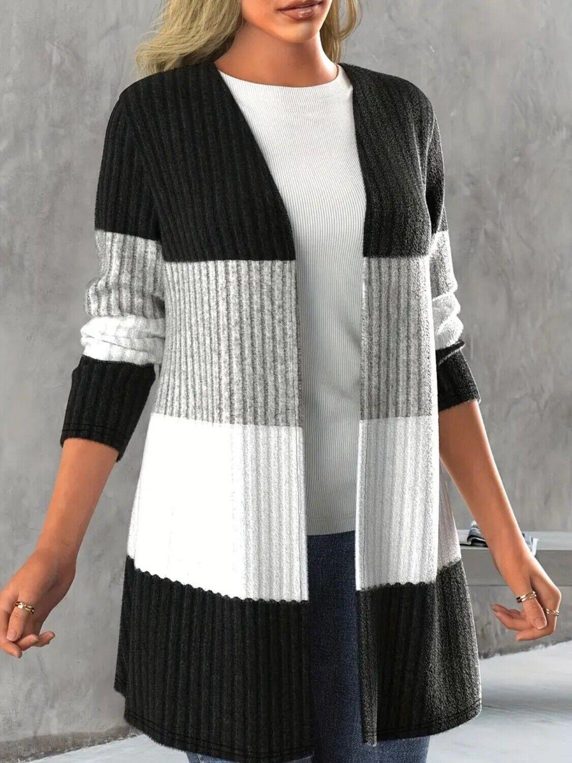 Striped Cardigan Color Block Open Front Long Sleeve Women's Knit Sweater