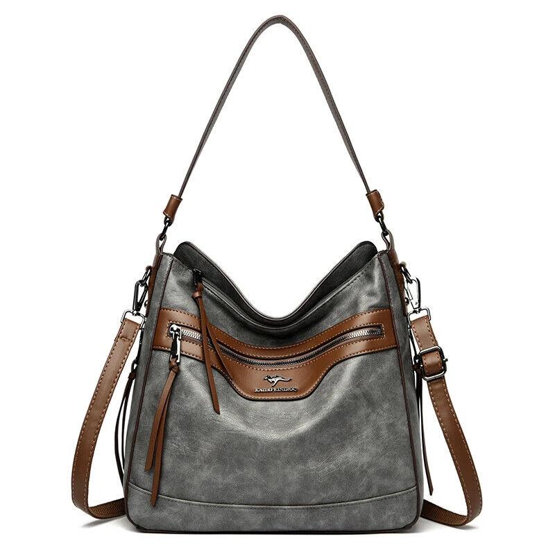 Women's Large Handbag Soft Leather Zipper Pockets Bucket Bags Purses Gray