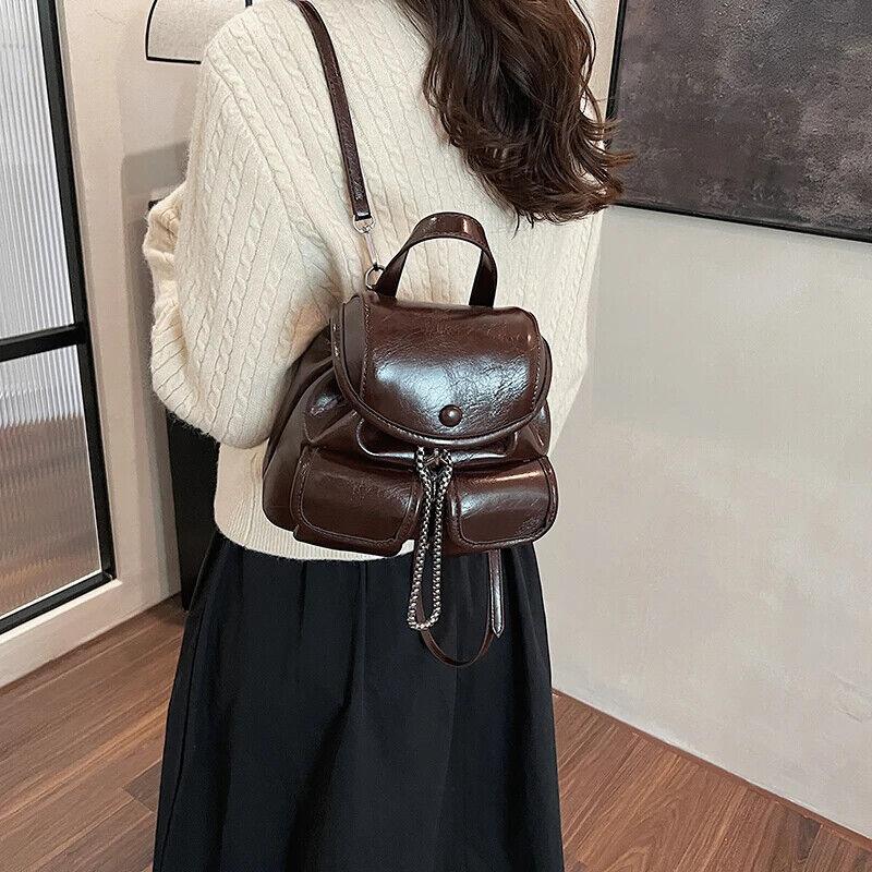 Small Backpacks Chain Drawstring Flap Leather Women's Outer Flap Pockets Bags