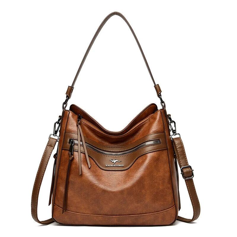 Women's Large Handbag Soft Leather Zipper Pockets Bucket Bags Purses Brown
