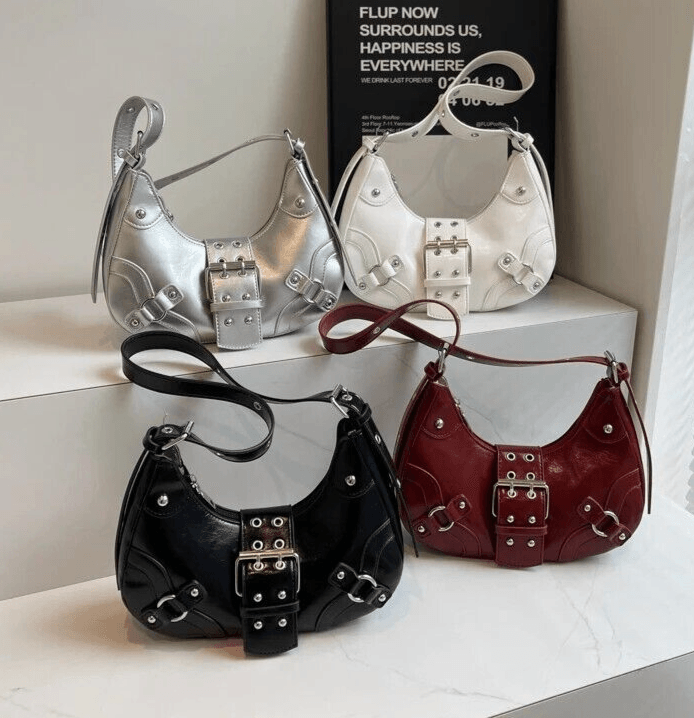 Small Shoulder Bags Belt Buckle Stud Beaded Zipper Crescent Women Crossbody Bags