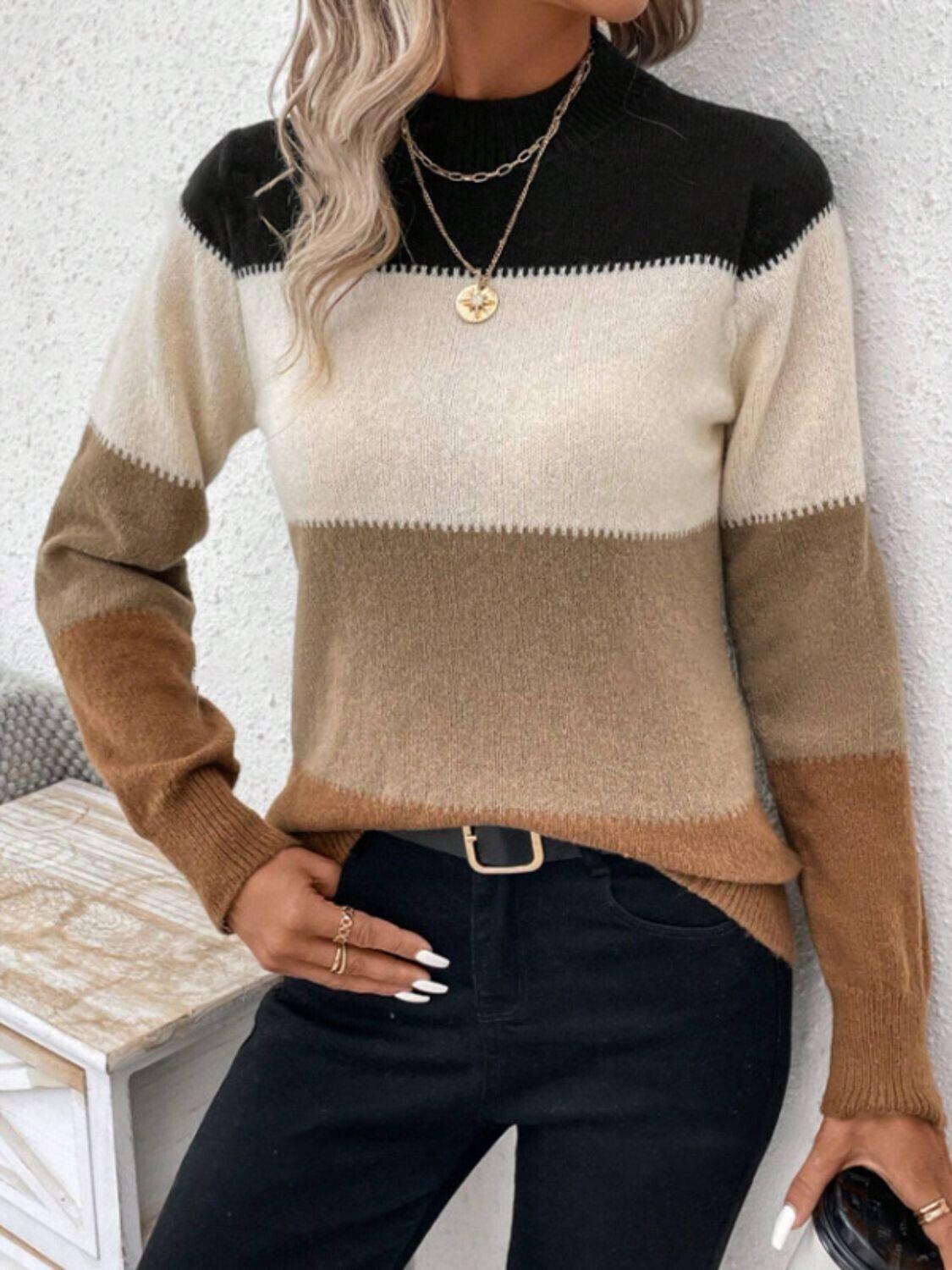 Striped Women Sweater Color Block Mock Neck Long Sleeve Soft Acrylic Pullover Camel 57_d2613aba-eaed-489e-8a43-66304a06a80f STYLEINGER