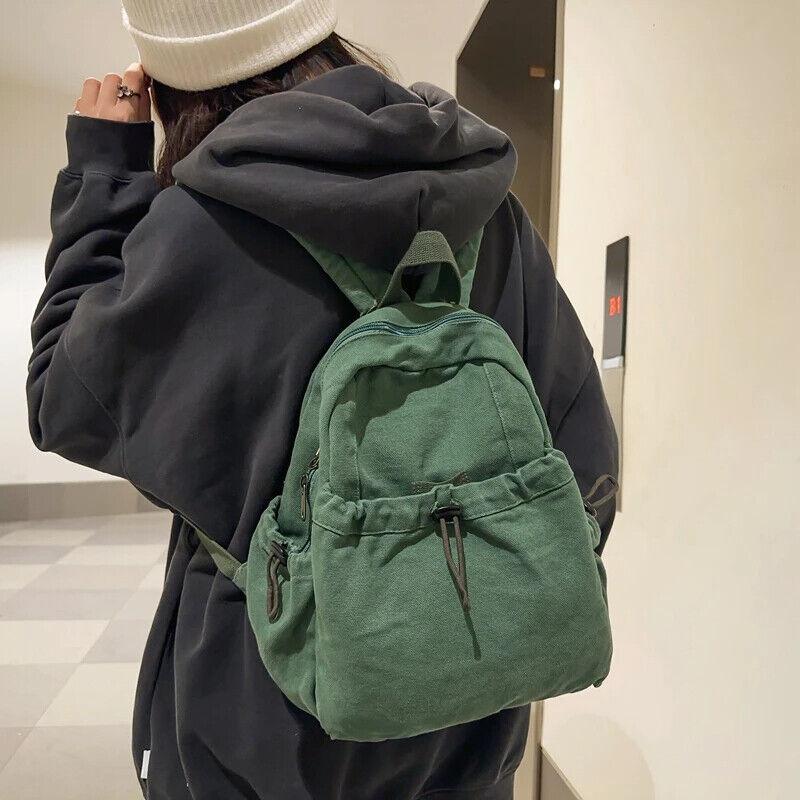 Canvas Backpacks Medium Zipper Drawstring Outer Pocket Casual Shoulder Bags