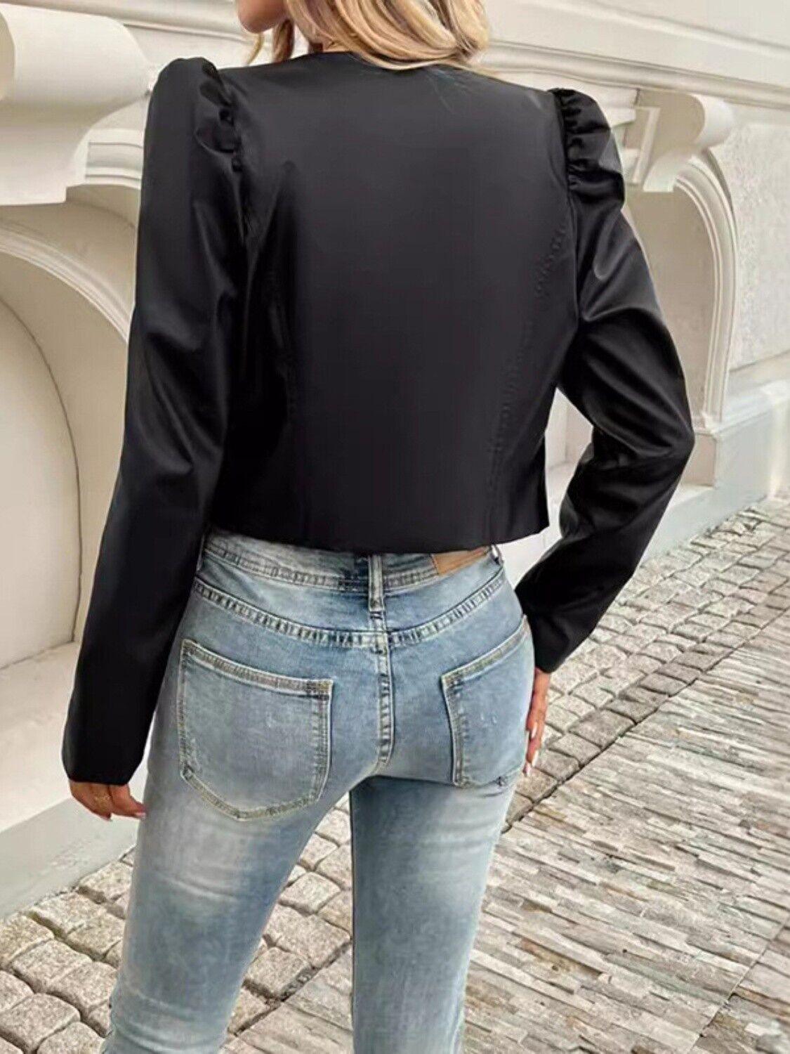 Faux Leather Cropped Jacket Open Front Puff Long Sleeve Women's Outwear 57_d3461641-0db3-46e3-bee2-d2cf21129386 STYLEINGER