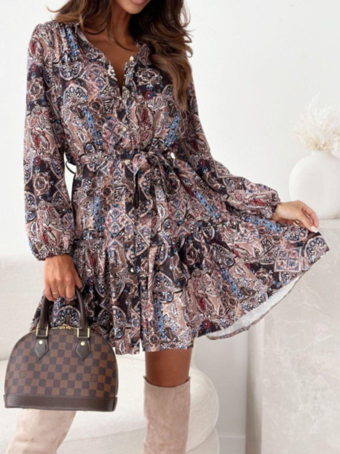 Floral Shirt Dress Ruffle Hem Long Sleeve Single Breasted Belted Casual Short