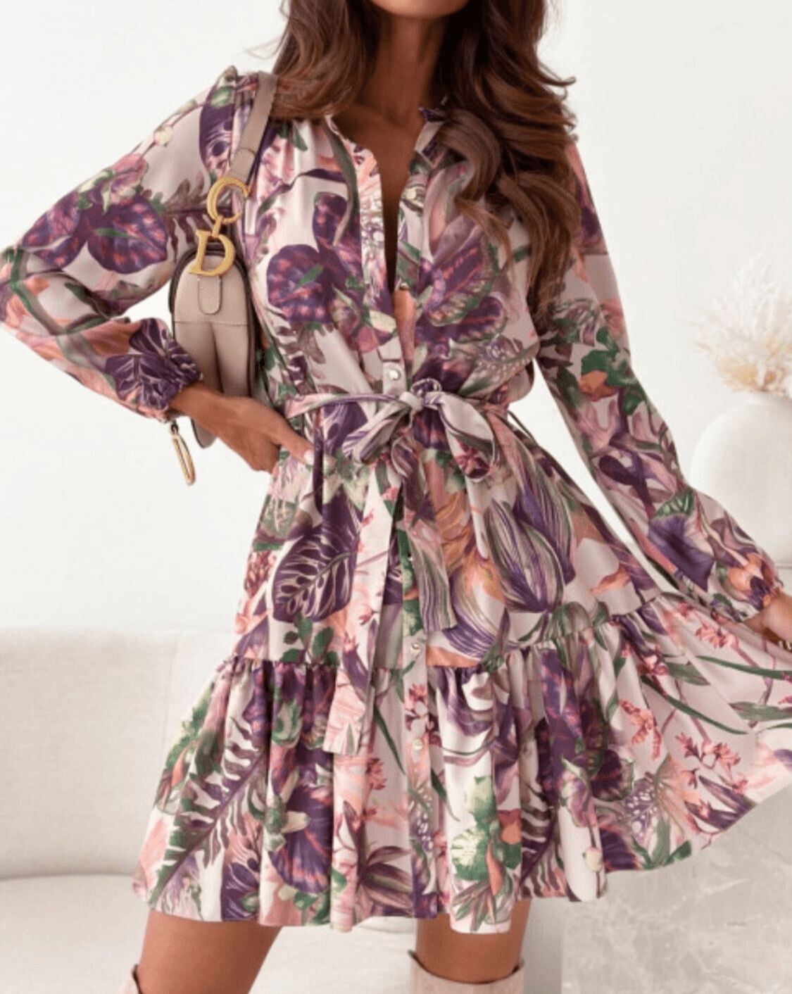 Floral Shirt Dress Ruffle Hem Long Sleeve Single Breasted Belted Casual Short 57_d4b6f087-9834-44a1-a8fa-476eaa248820 STYLEINGER