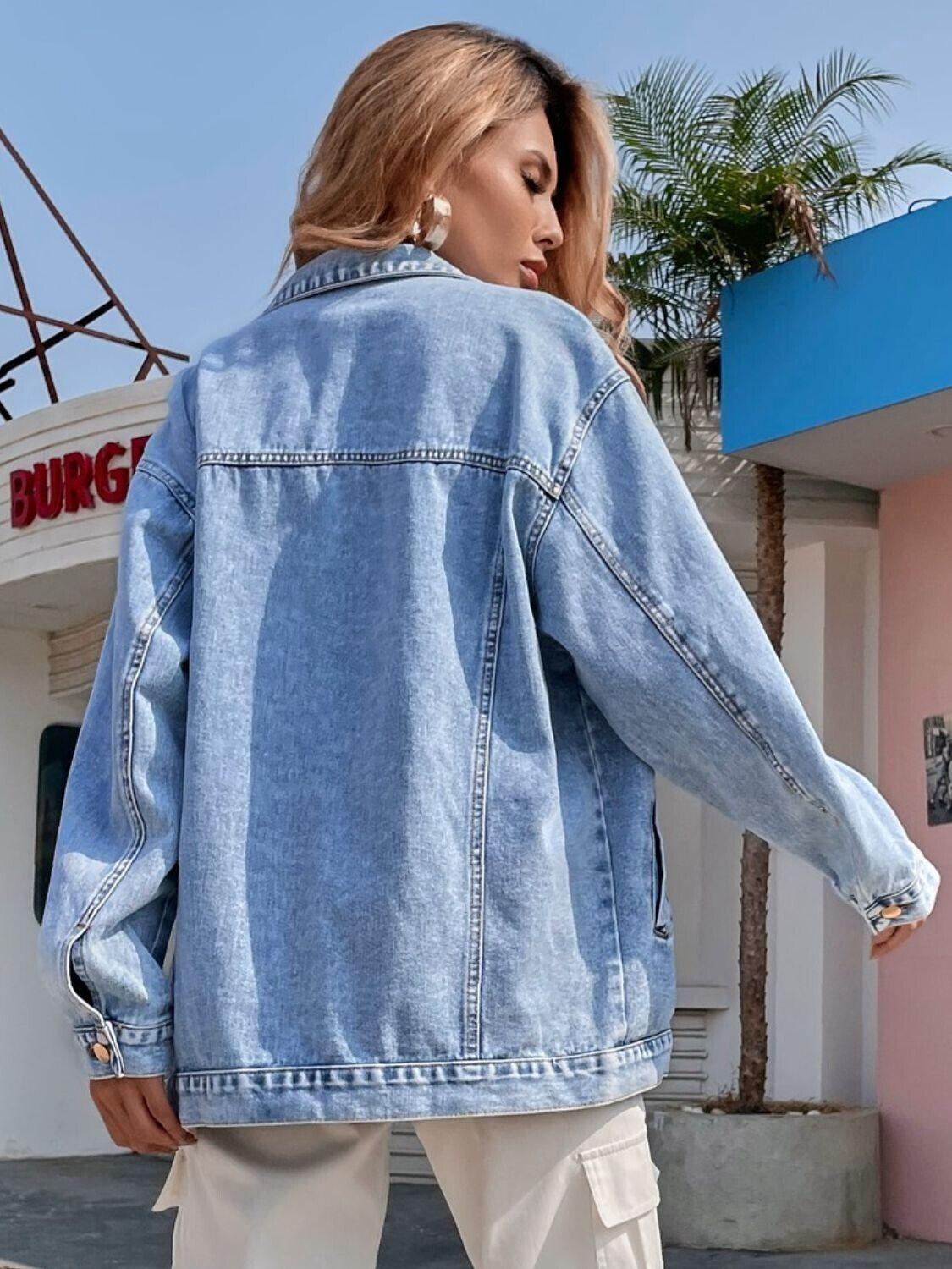 Distressed Denim Jacket Women Button Up Long Sleeve Pocketed Outwear