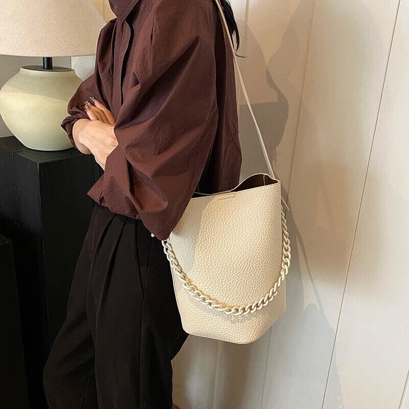 Leather Bucket Bags Small 2 in 1 Snap and Zipper Women's Chain Handle Purses