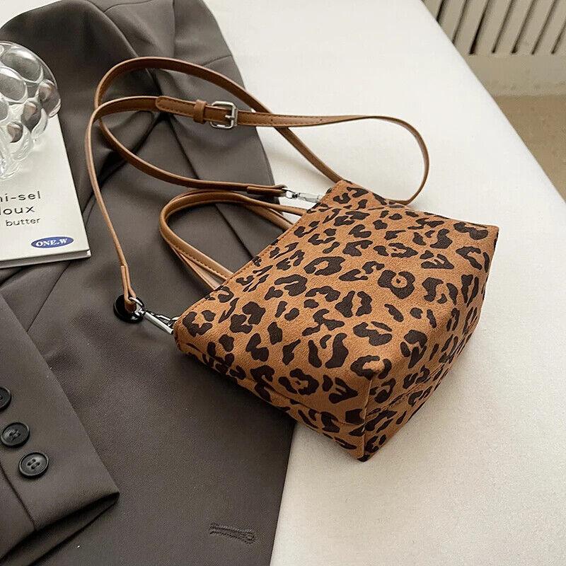 Leopard Mini Crossbody Handbags Soft Sued Leather Zipper Tote Women Square Purse