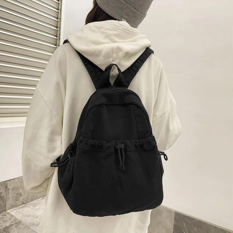 Canvas Backpacks Medium Zipper Drawstring Outer Pocket Casual Shoulder Bags