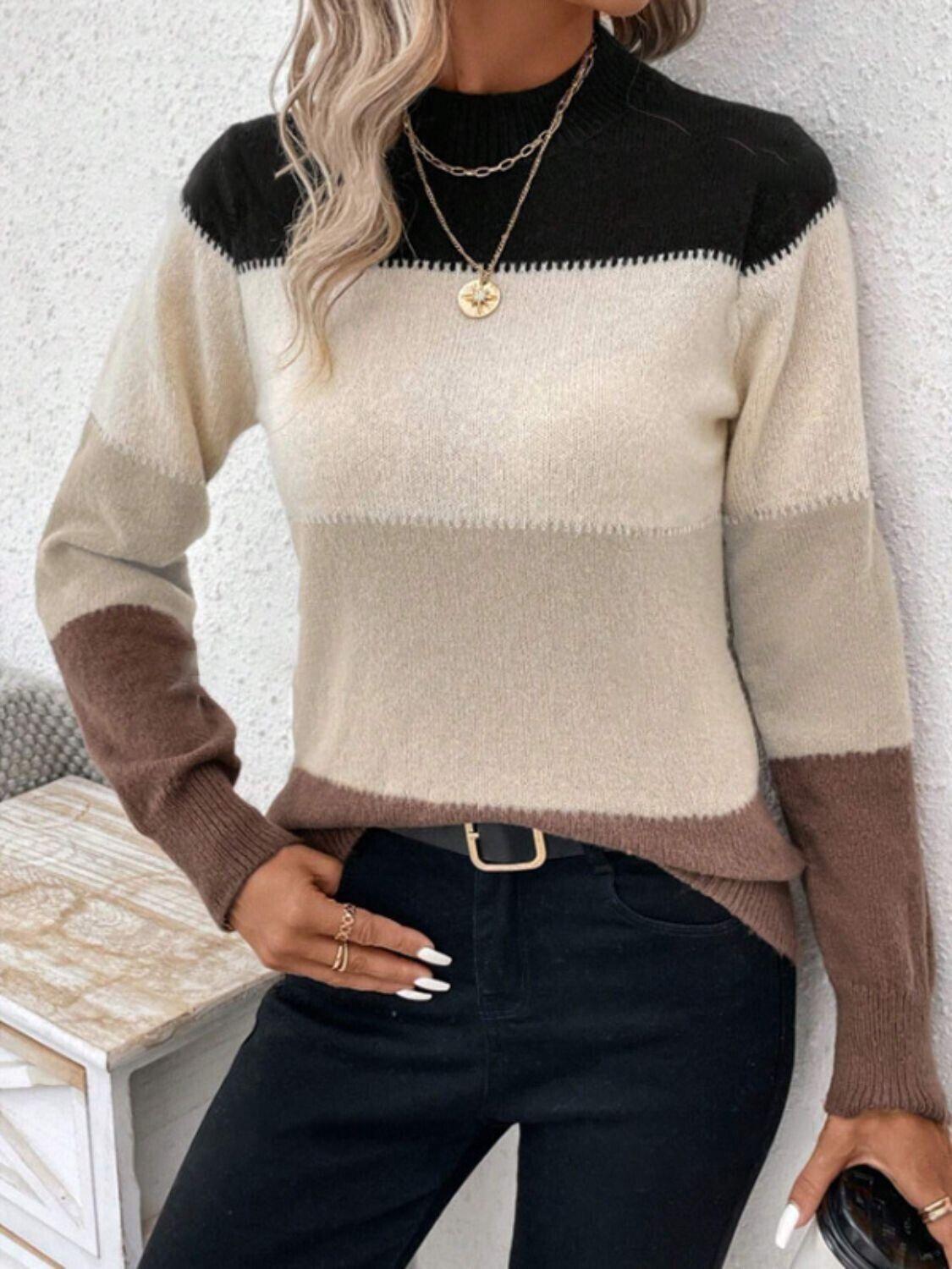 Striped Women Sweater Color Block Mock Neck Long Sleeve Soft Acrylic Pullover Cream 57_dc57d797-7b19-4526-8461-b096bb44d4a8 STYLEINGER