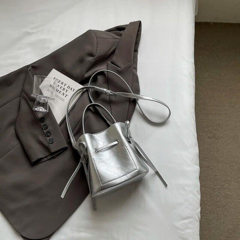 Mini Leather Bucket Bags Soft 2 in 1 Removable Pouch Drawstring Snap Crossbody