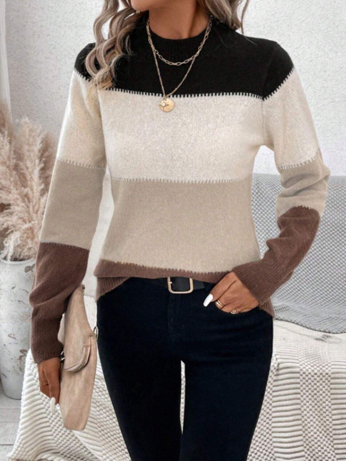 Striped Women Sweater Color Block Mock Neck Long Sleeve Soft Acrylic Pullover 57_deb3edbd-789f-4807-8da6-19c64ad2d938 STYLEINGER