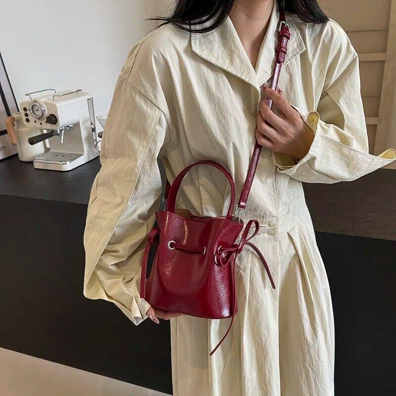 Mini Leather Bucket Bags Soft 2 in 1 Removable Pouch Drawstring Snap Crossbody