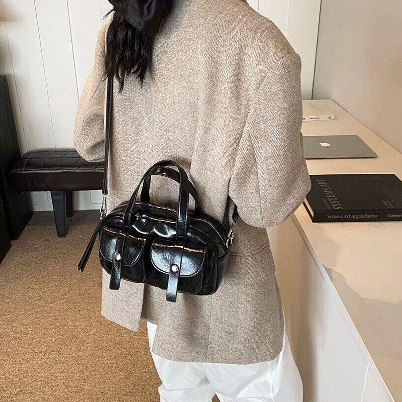 Small Leather Handbags Women Zipper Double Flap Outer Pockets Crossbody Bags