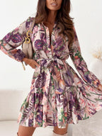Floral Shirt Dress Ruffle Hem Long Sleeve Single Breasted Belted Casual Short Blush Pink 57_e09641ba-867d-406c-800d-4c69617fd7f6 STYLEINGER