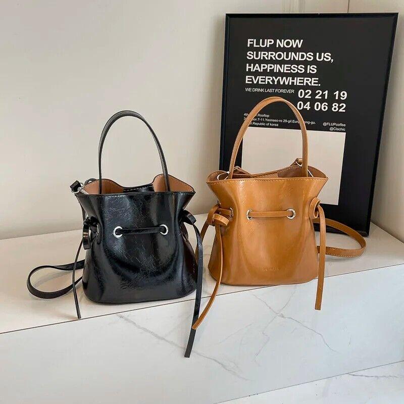 Mini Leather Bucket Bags Soft 2 in 1 Removable Pouch Drawstring Snap Crossbody