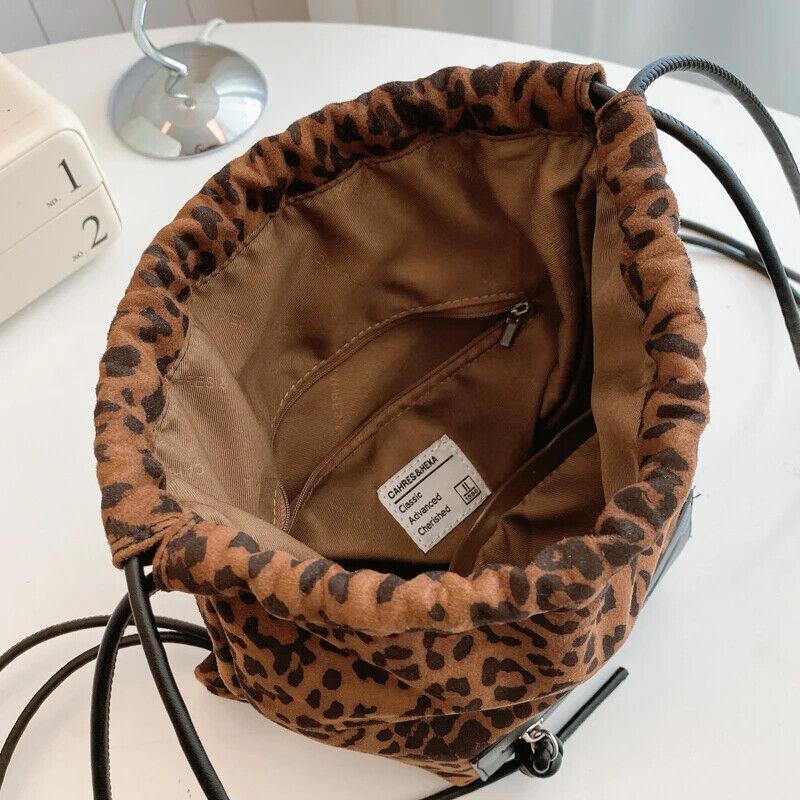 Nubuck Leather Leopard Backpacks Drawstring Large Soft Outer Zip Pocket Handbags