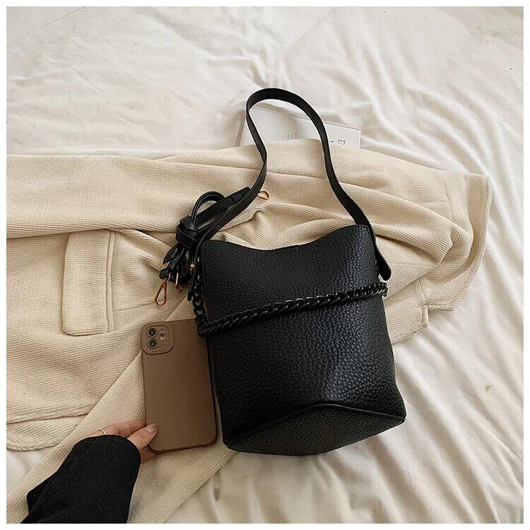 Leather Bucket Bags Small 2 in 1 Snap and Zipper Women's Chain Handle Purses